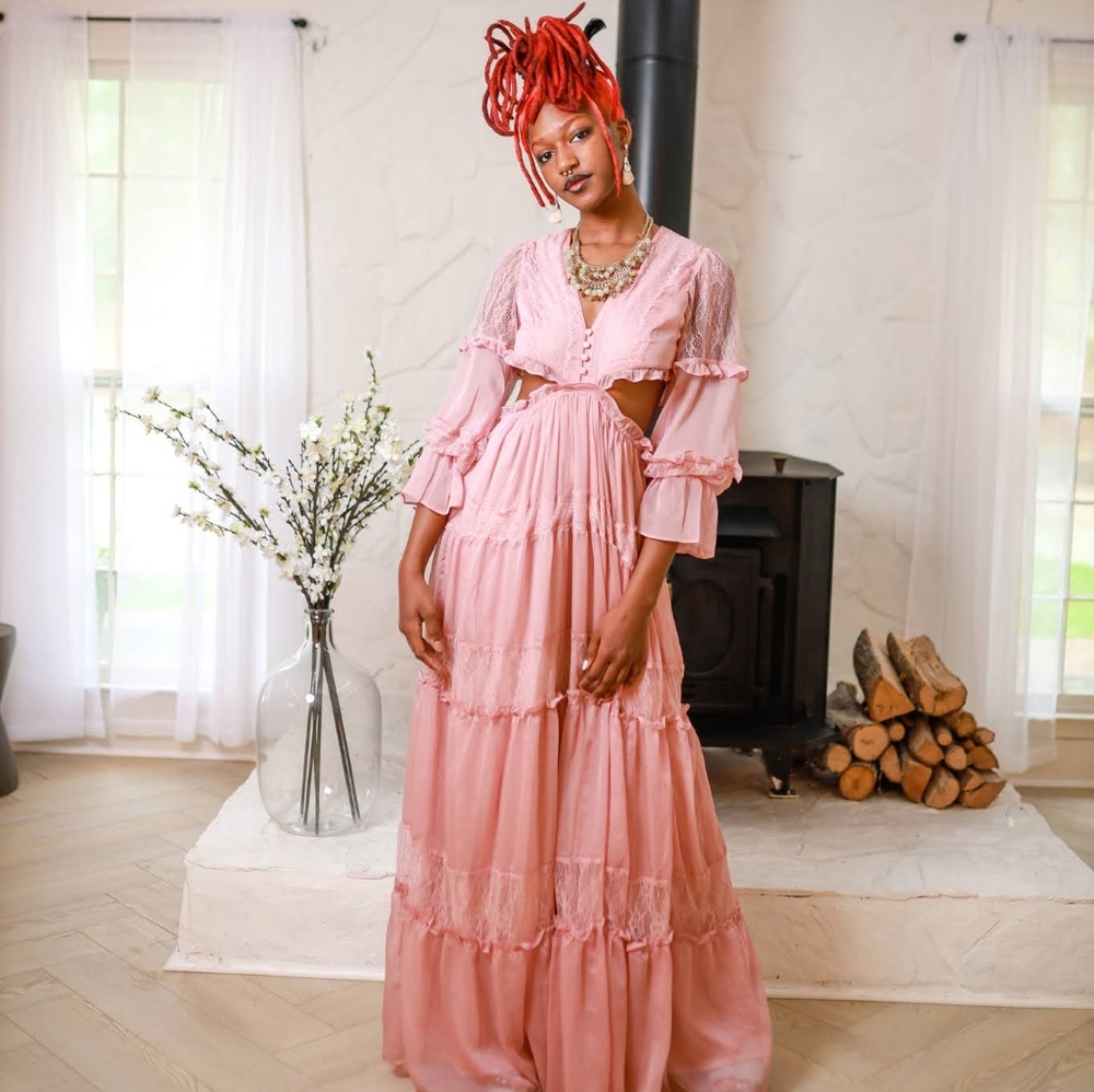 Long Sleeve Pink Boho Side Out Maxi with Lace